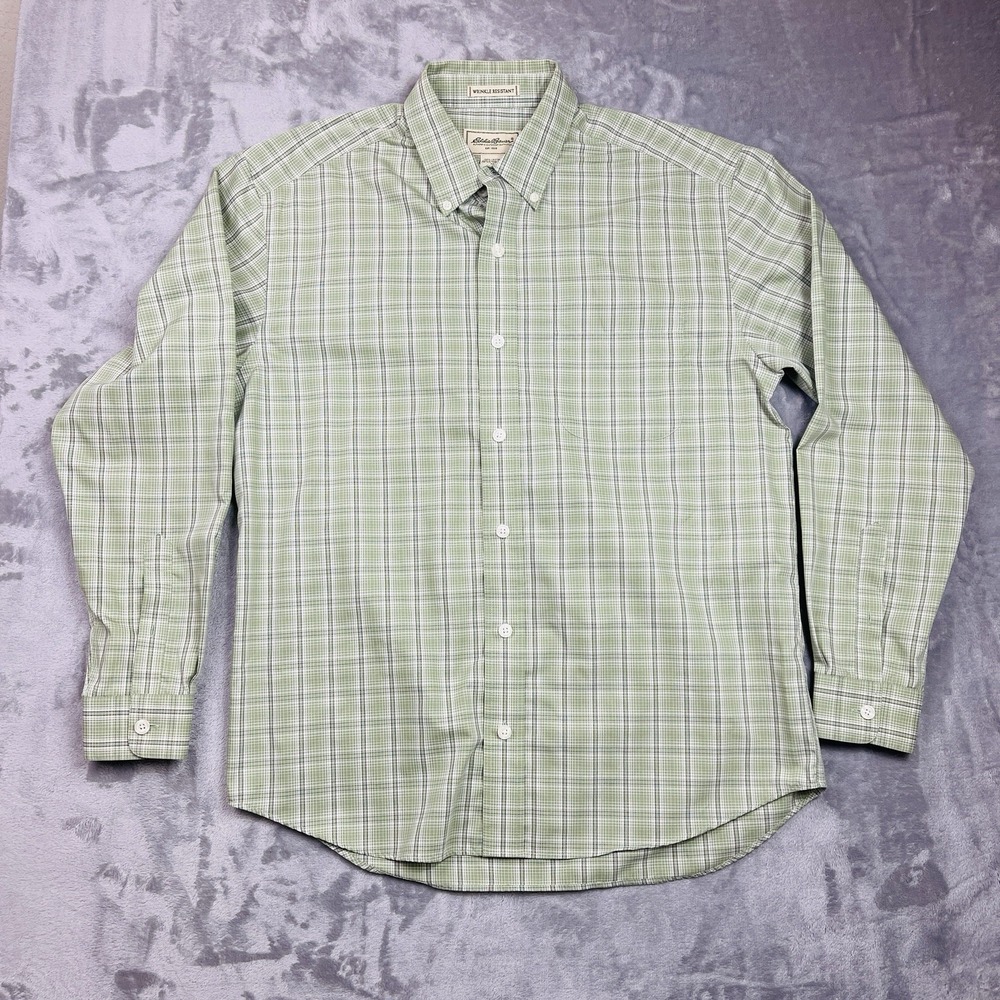 Eddie Bauer Shirt Mens Medium Green Tattersall Plaid Cotton Wrinkle Resistant